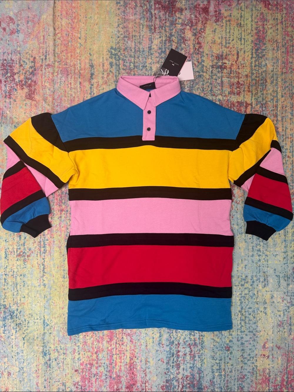 BRAND NEW! Lazy Oaf Men's Multicolor Striped Rugby Polo - Blue, Yellow, Pink,